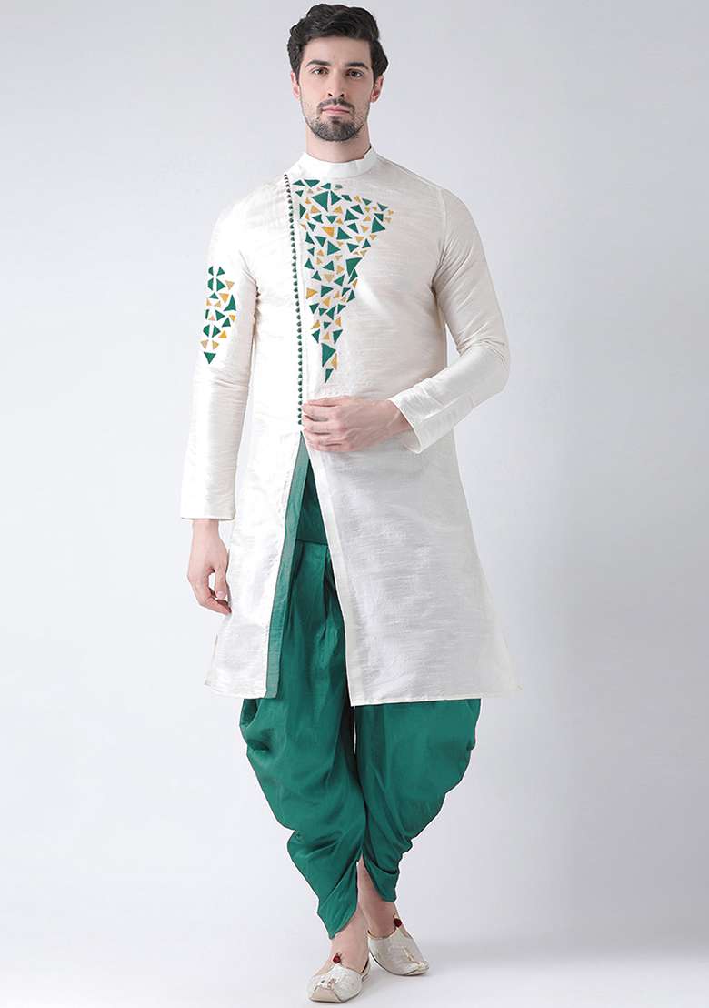 White Embroidery Sequins Work Dupion Silk Blend Kurta Set For Men - Indya