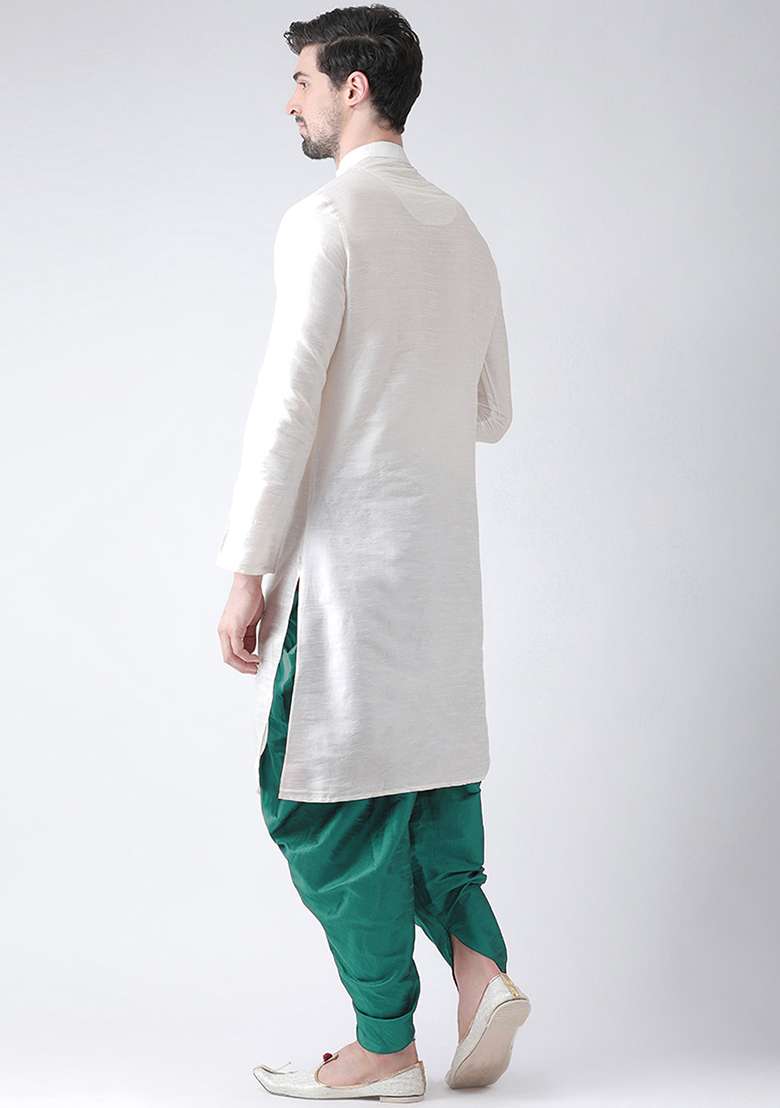White Embroidery Sequins Work Dupion Silk Blend Kurta Set For Men - Indya