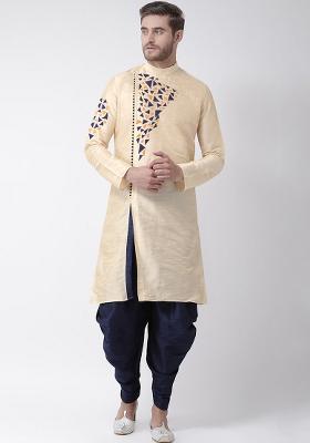 Cream Embroidery Sequins Work Dupion Silk Blend Kurta Set For Men