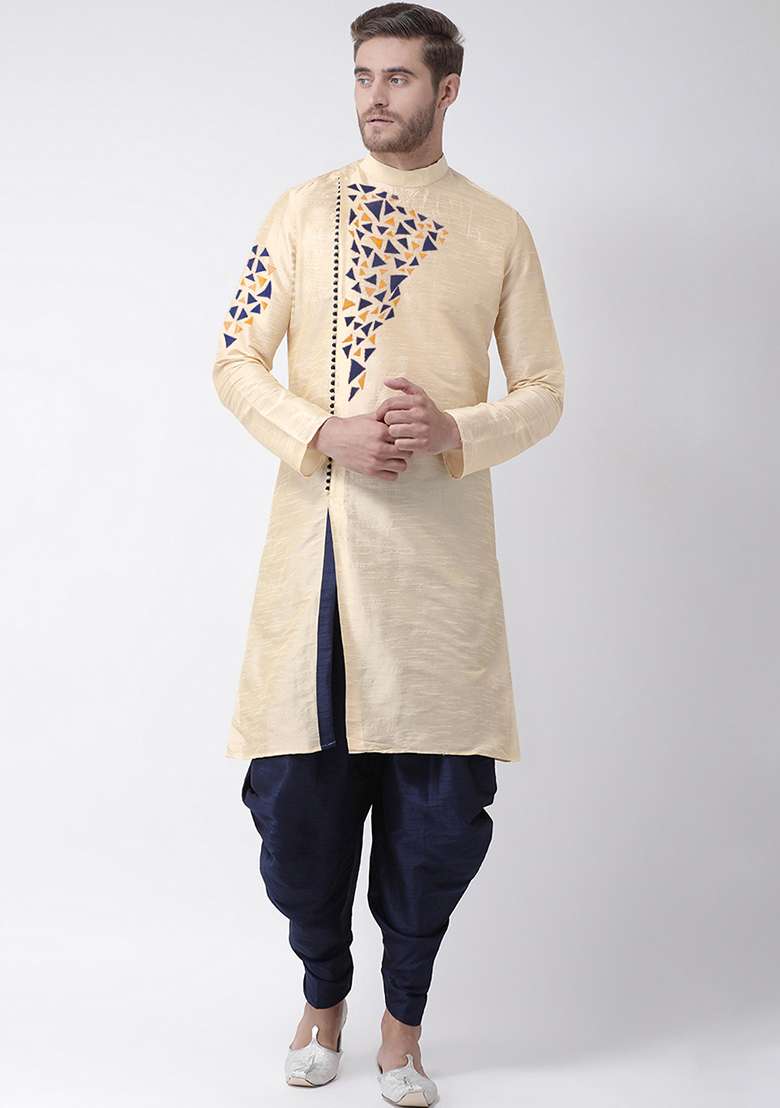 Cream Embroidery Sequins Work Dupion Silk Blend Kurta Set For Men - Indya