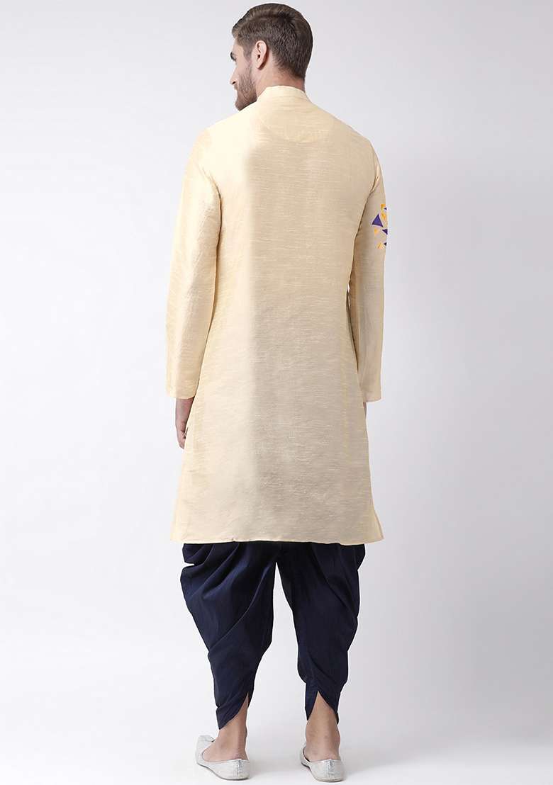 Cream Embroidery Sequins Work Dupion Silk Blend Kurta Set For Men - Indya