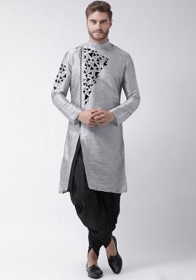 Grey Embroidery Sequins Work Dupion Silk Blend Kurta Set For Men