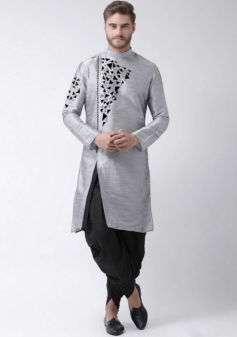 Grey Embroidery Sequins Work Dupion Silk Blend Kurta Set For Men - Indya
