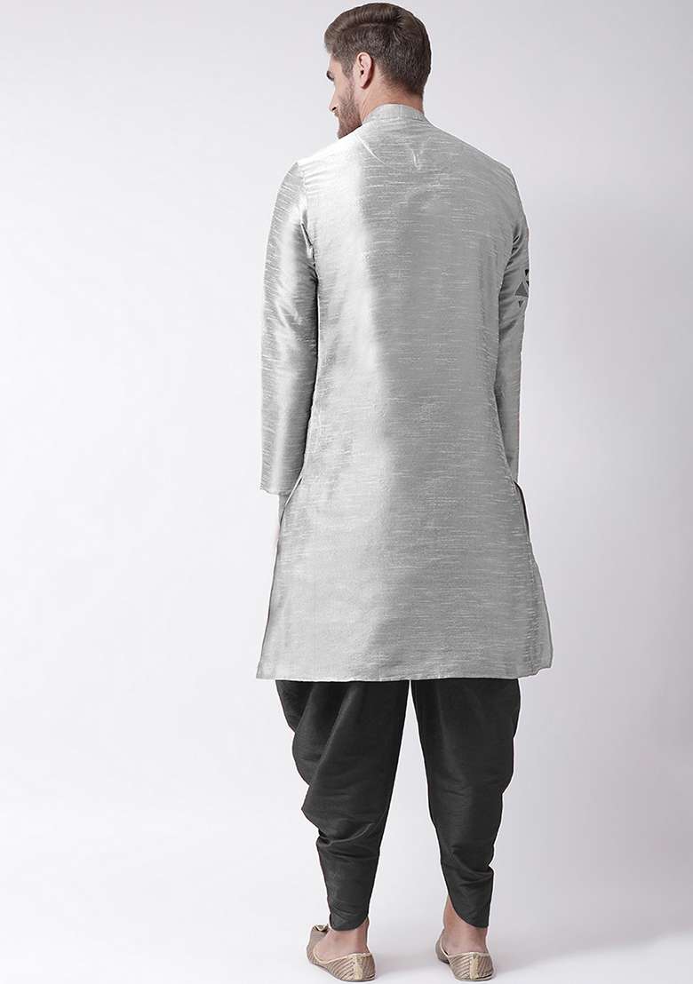 Grey Embroidery Sequins Work Dupion Silk Blend Kurta Set For Men - Indya
