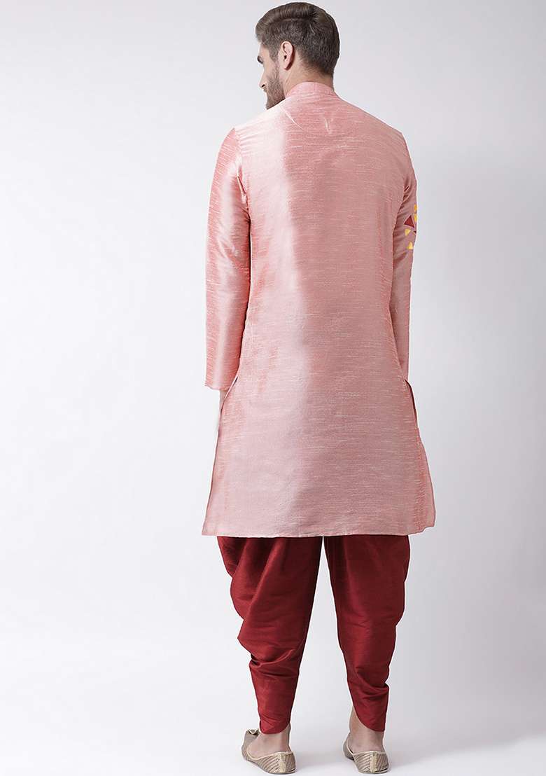 Pink Embroidery Sequins Work Dupion Silk Blend Kurta Set For Men - Indya