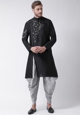 Black Embroidery Sequins Work Dupion Silk Kurta Set For Men