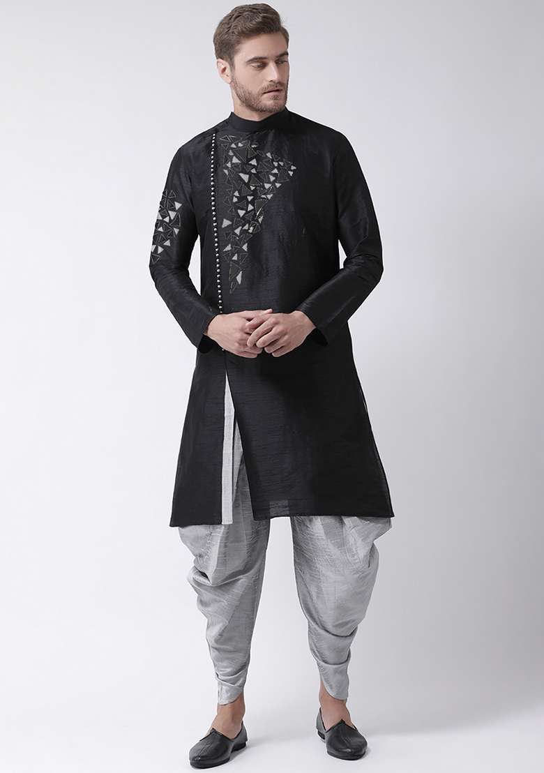 Black Embroidery Sequins Work Dupion Silk Blend Kurta Set For Men - Indya