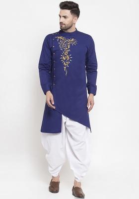 Royal Blue Embroidery Sequins Work Cotton Blend Kurta Set For Men