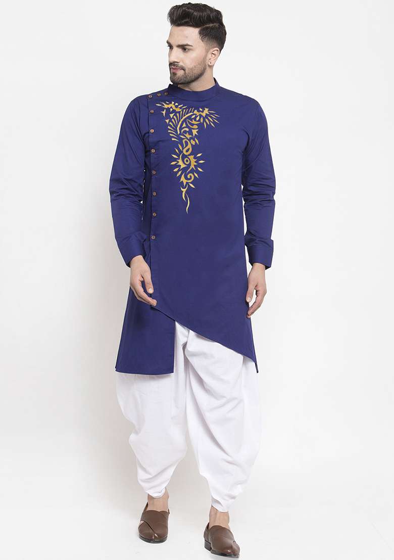 Royal Blue Embroidery Sequins Work Cotton Blend Kurta Set For Men - Indya