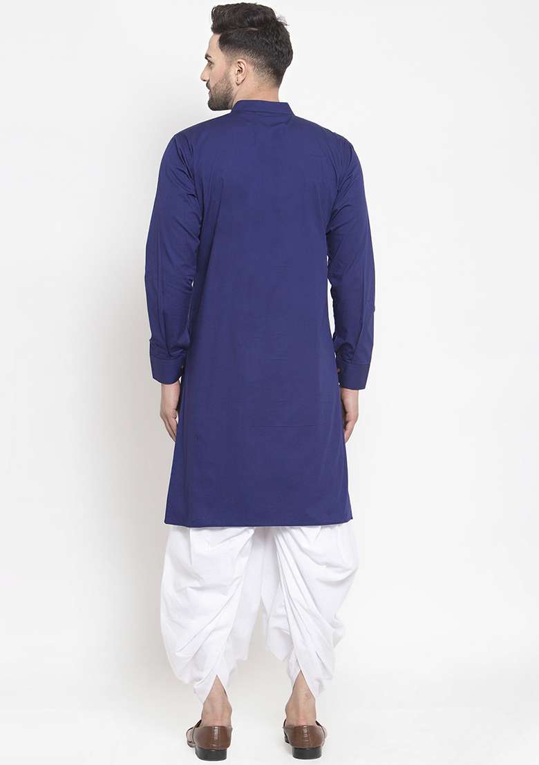 Royal Blue Embroidery Sequins Work Cotton Blend Kurta Set For Men - Indya