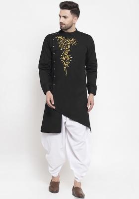 Black Embroidery Sequins Work Cotton Blend Kurta Set For Men