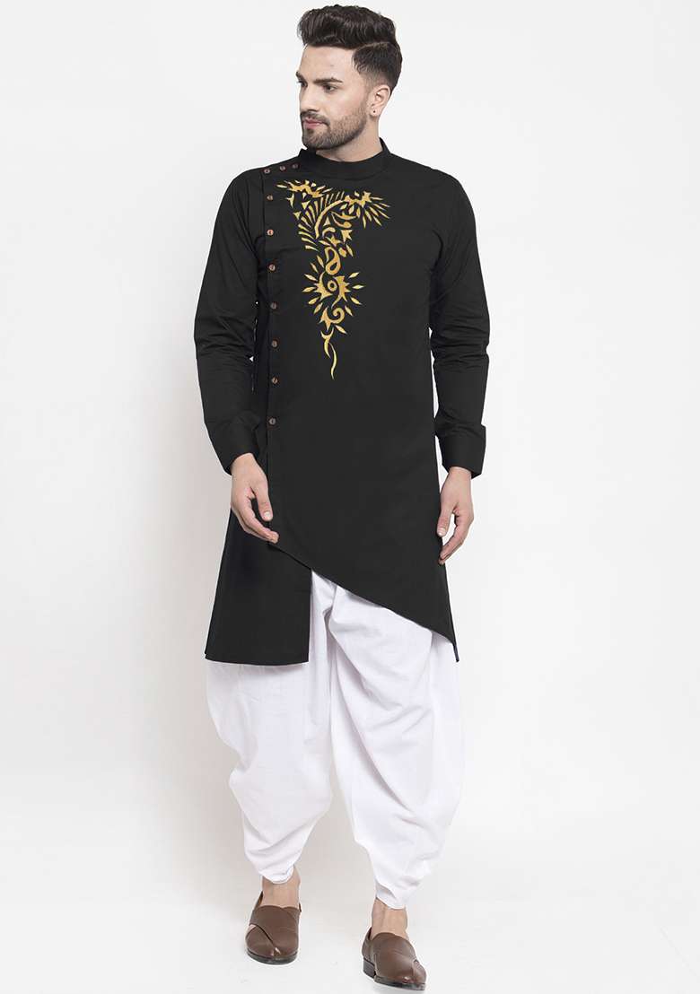 Black Embroidery Sequins Work Cotton Blend Kurta Set For Men - Indya