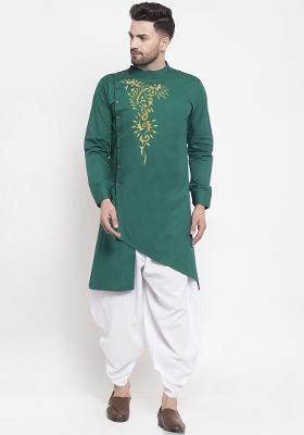 Green Embroidery Sequins Work Cotton Blend Kurta Set For Men