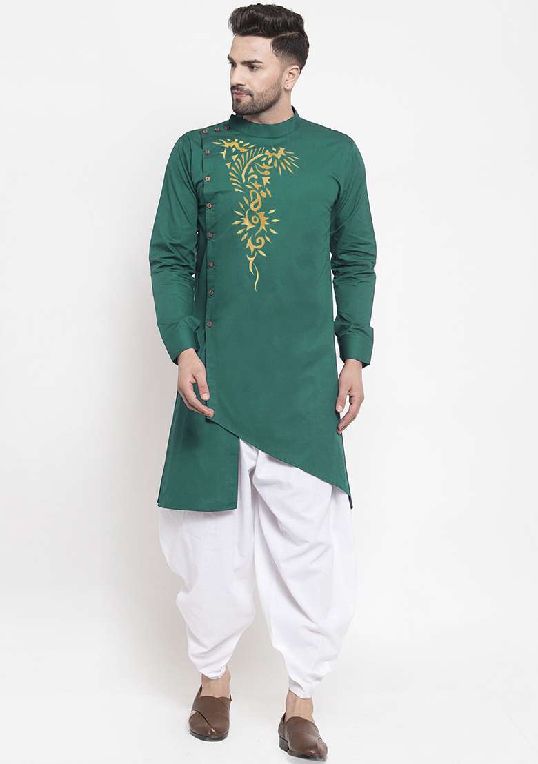 Green Embroidery Sequins Work Cotton Blend Kurta Set For Men - Indya