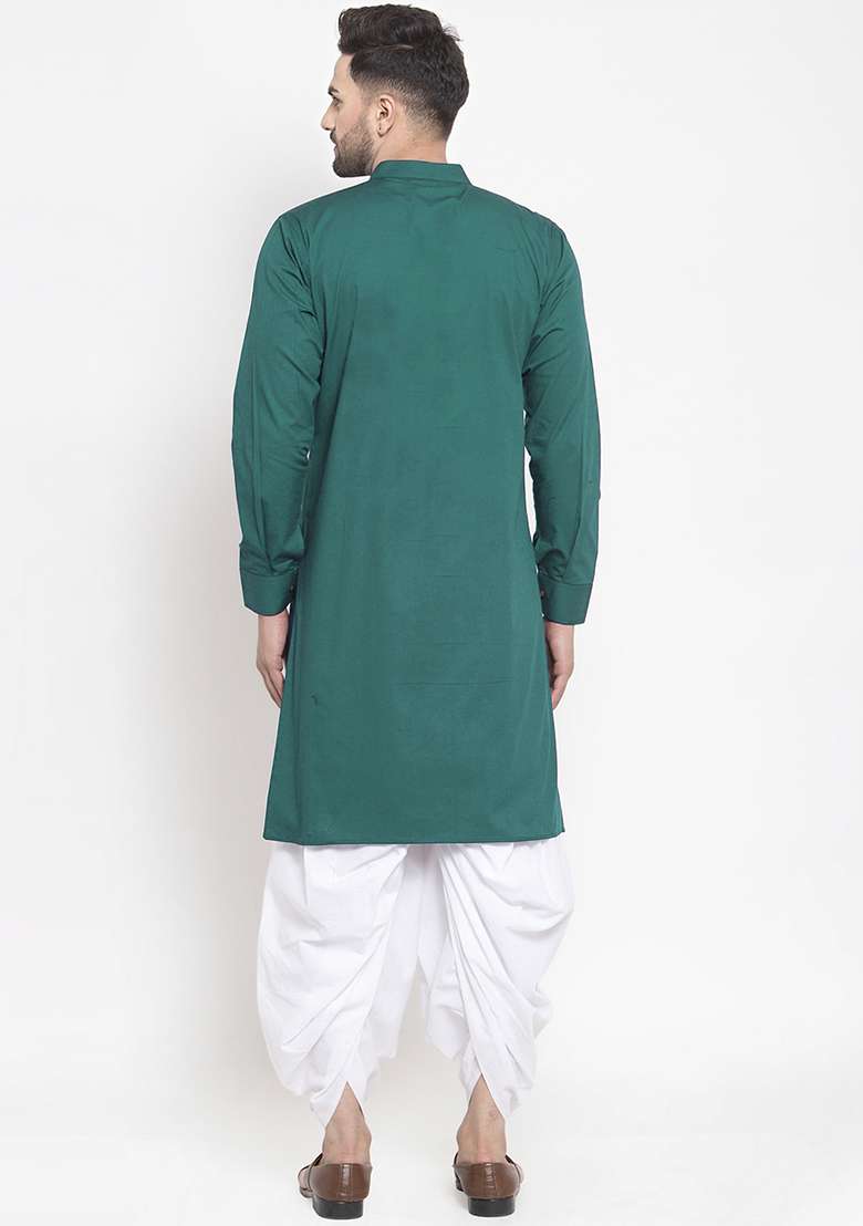 Green Embroidery Sequins Work Cotton Blend Kurta Set For Men - Indya