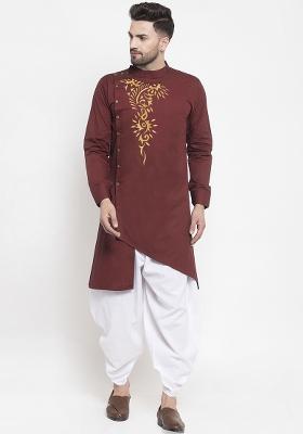 Maroon Embroidery Sequins Work Cotton Blend Kurta Set For Men