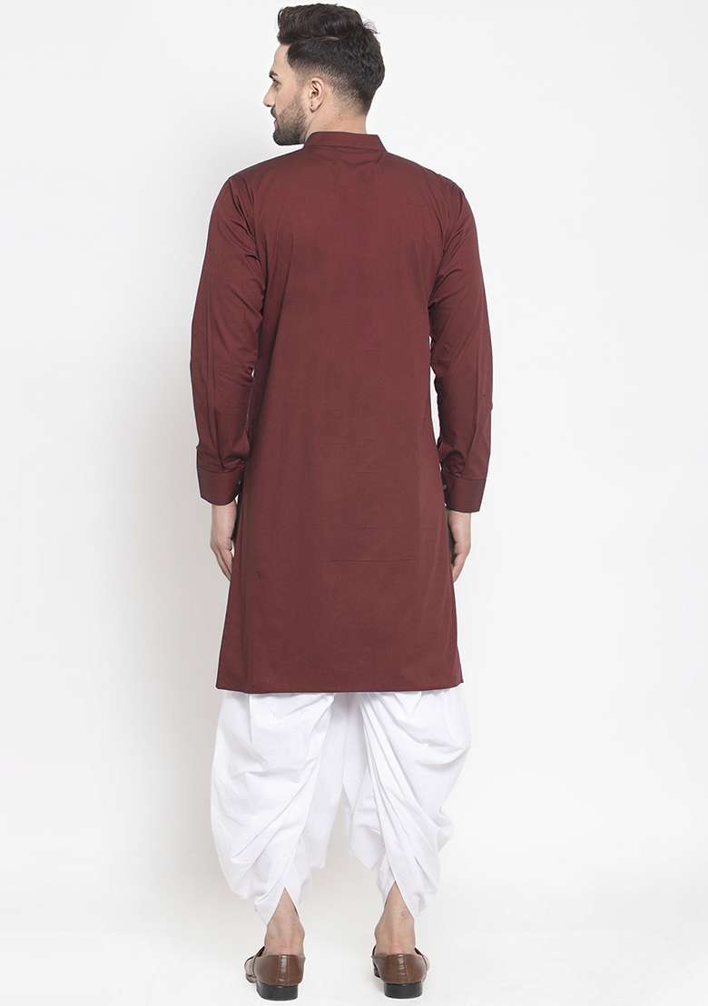 Maroon Embroidery Sequins Work Cotton Blend Kurta Set For Men - Indya