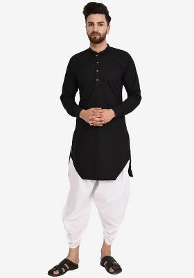 Black Embroidery Sequins Work Cotton Blend Kurta Set For Men