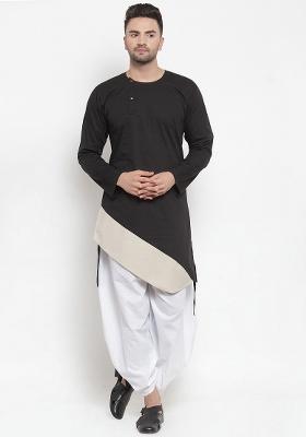 Black Embroidery Sequins Work Cotton Blend Kurta Set For Men
