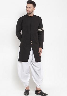 Black Embroidery Sequins Work Cotton Blend Kurta Set For Men