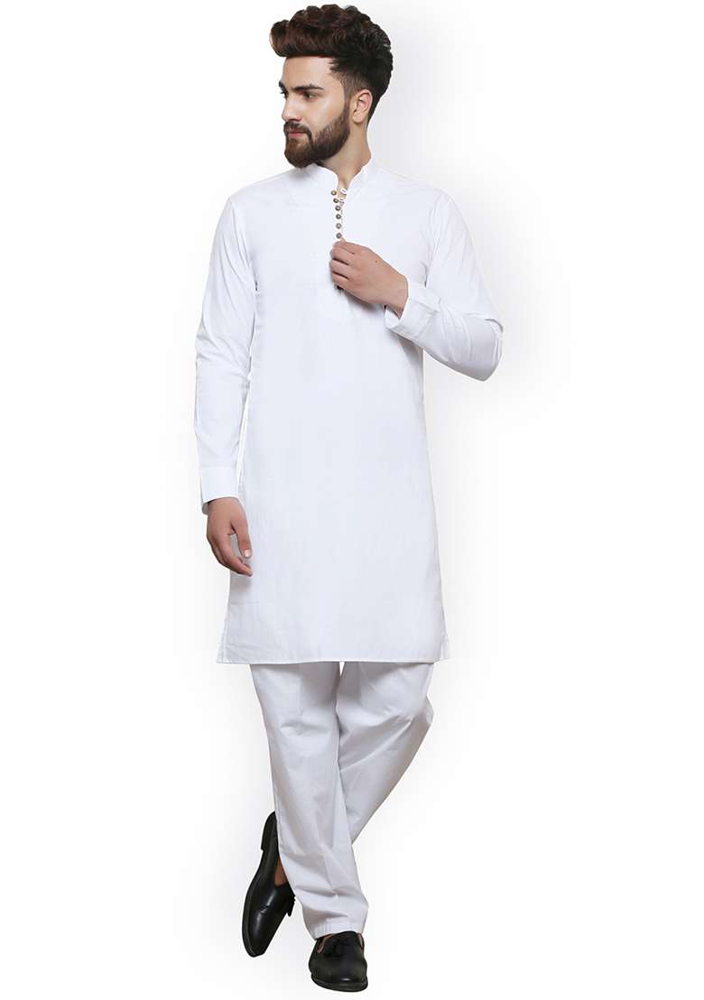 White Embroidery Sequins Work Cotton Blend Kurta Set For Men - Indya