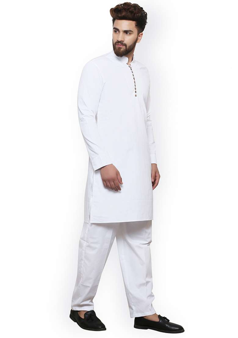 White Embroidery Sequins Work Cotton Blend Kurta Set For Men - Indya