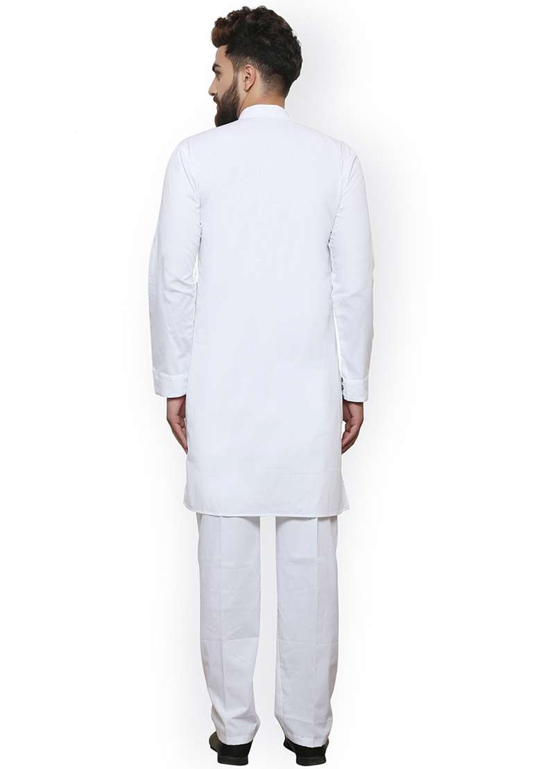 White Embroidery Sequins Work Cotton Blend Kurta Set For Men - Indya