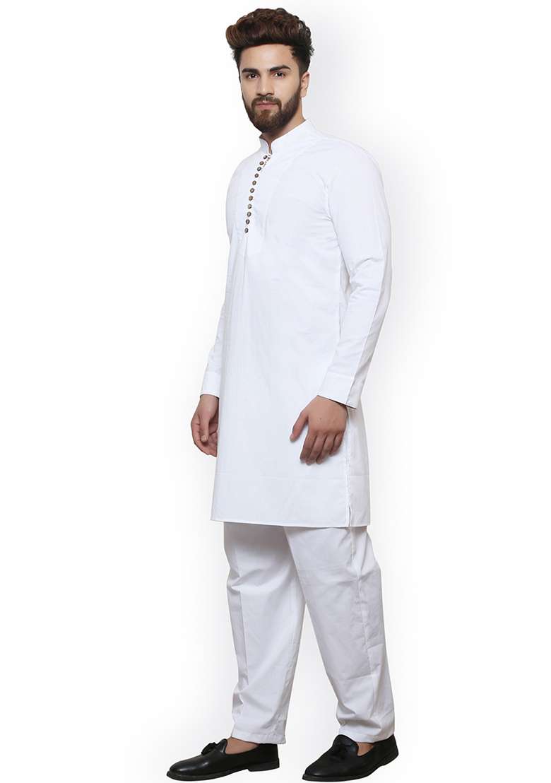 White Embroidery Sequins Work Cotton Blend Kurta Set For Men - Indya