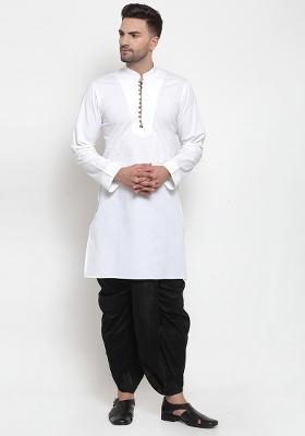 White Embroidery Sequins Work Cotton Blend Kurta Set For Men