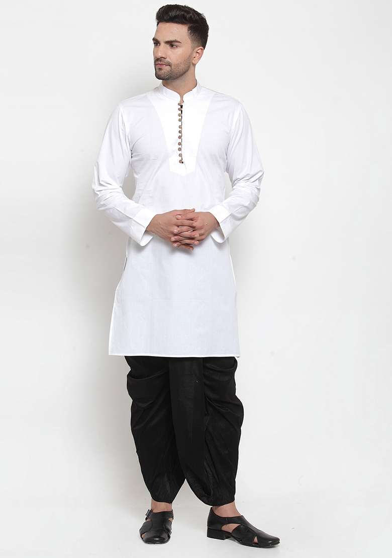 White Embroidery Sequins Work Cotton Blend Kurta Set For Men - Indya