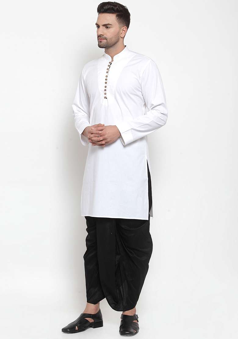 White Embroidery Sequins Work Cotton Blend Kurta Set For Men - Indya
