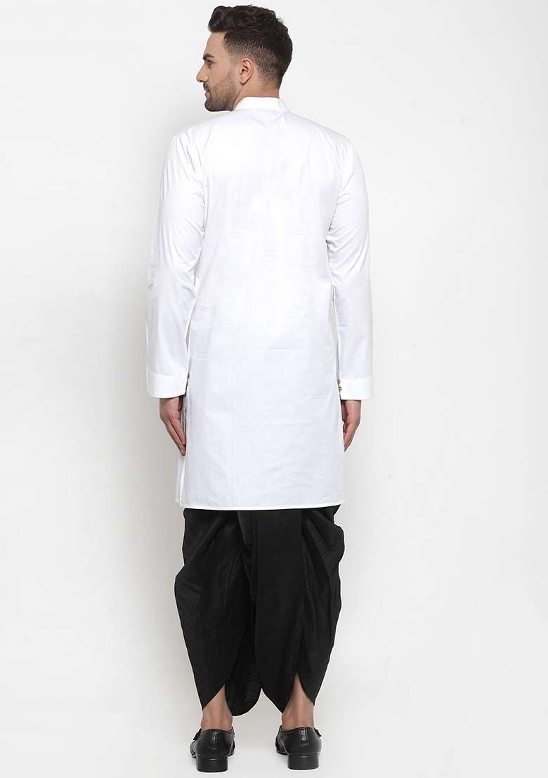 White Embroidery Sequins Work Cotton Blend Kurta Set For Men - Indya