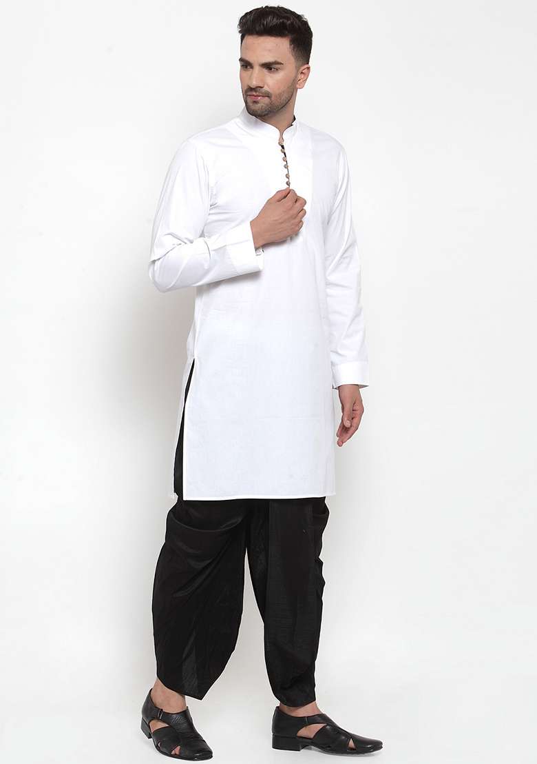White Embroidery Sequins Work Cotton Blend Kurta Set For Men - Indya