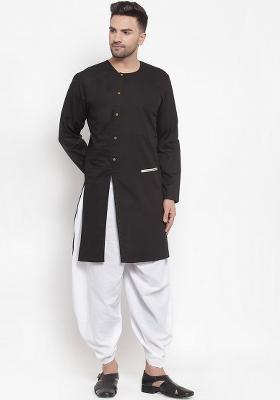Black Embroidery Sequins Work Cotton Blend Kurta Set For Men