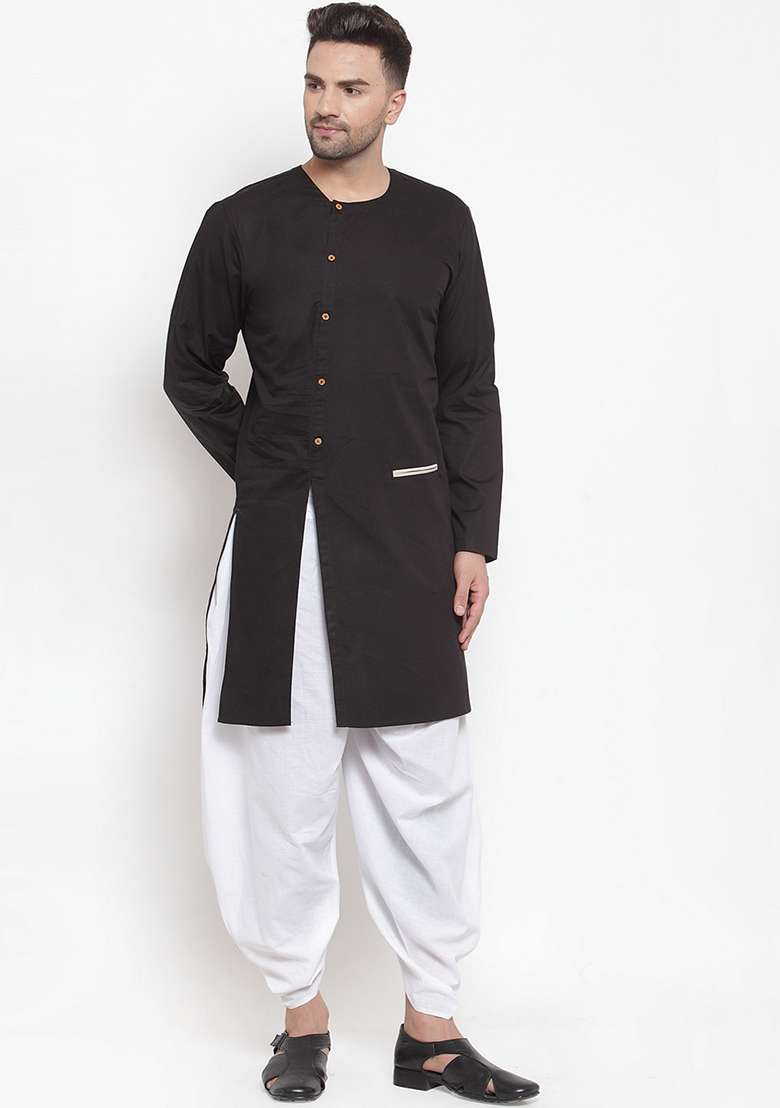 Black Embroidery Sequins Work Cotton Blend Kurta Set For Men - Indya