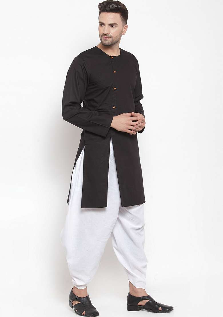 Black Embroidery Sequins Work Cotton Blend Kurta Set For Men - Indya