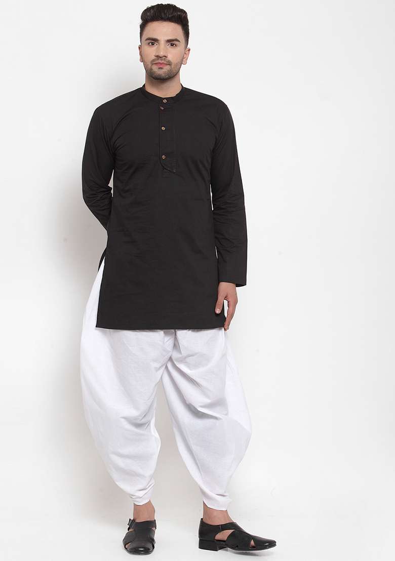 Black Embroidery Sequins Work Cotton Blend Kurta Set For Men - Indya