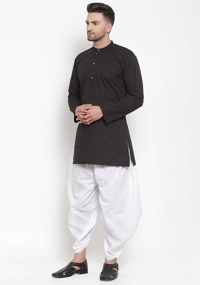 Black Embroidery Sequins Work Cotton Blend Kurta Set For Men - Indya