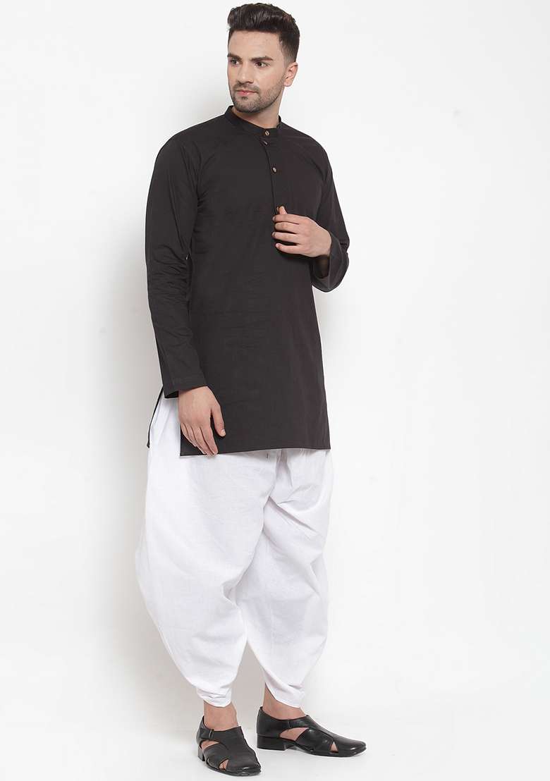 Black Embroidery Sequins Work Cotton Blend Kurta Set For Men - Indya