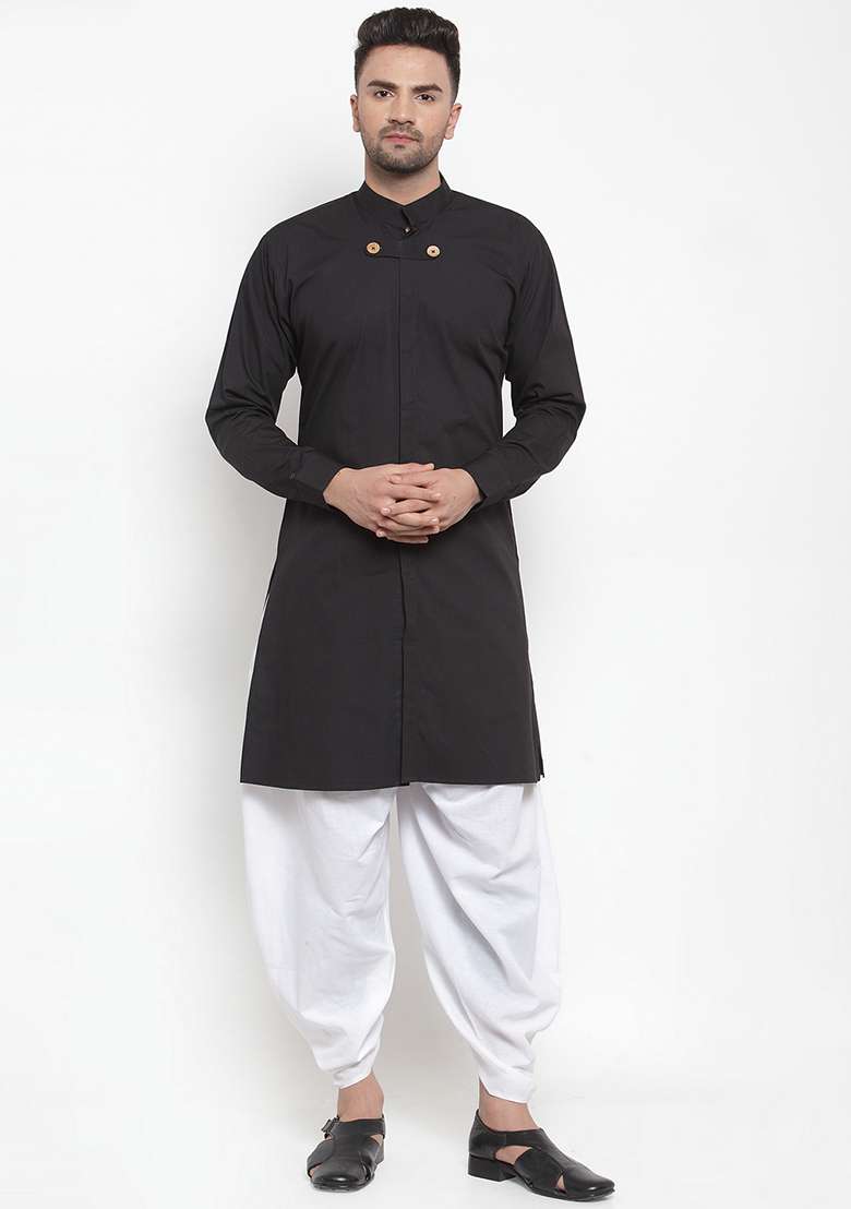 Black Embroidery Sequins Work Cotton Blend Kurta Set For Men - Indya