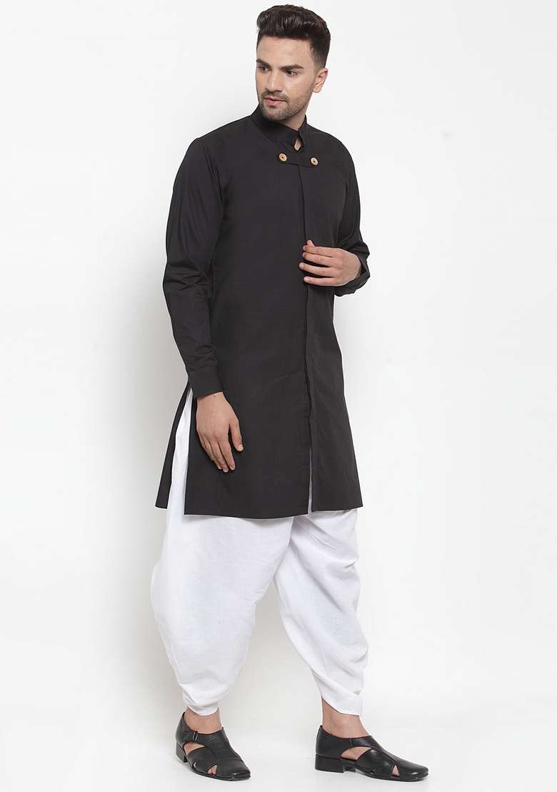 Black Embroidery Sequins Work Cotton Blend Kurta Set For Men - Indya