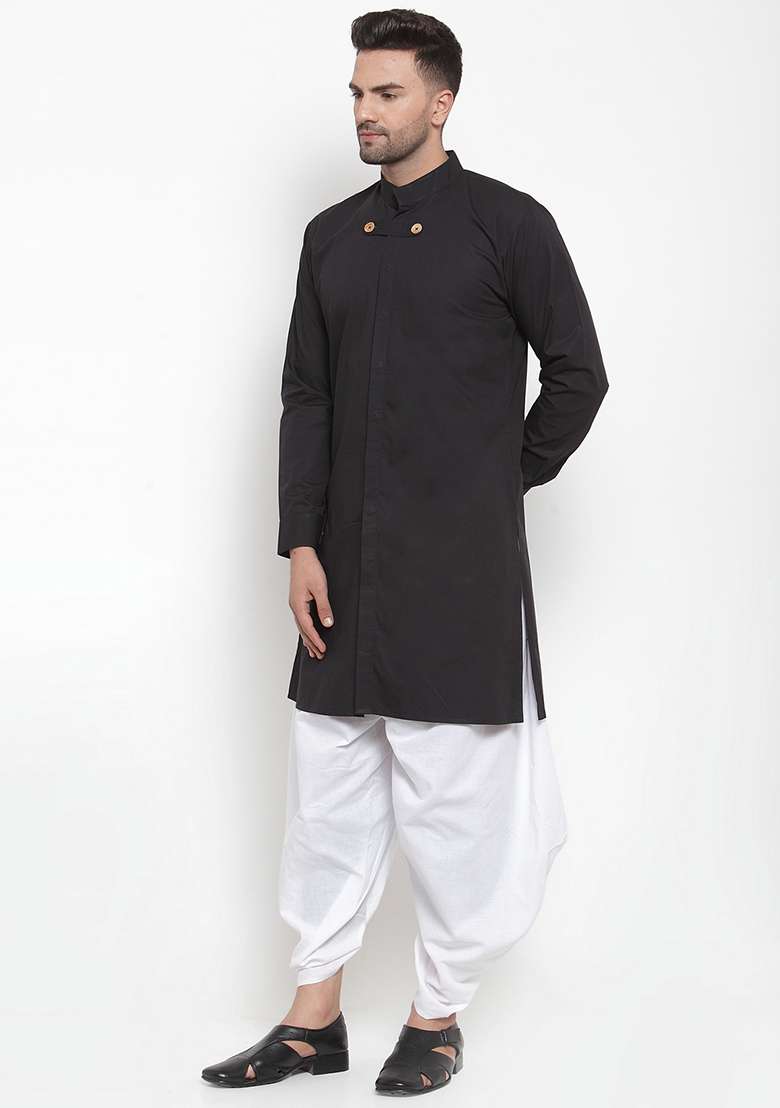 Black Embroidery Sequins Work Cotton Blend Kurta Set For Men - Indya