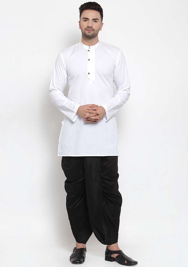 White Embroidery Sequins Work Cotton Blend Kurta Set For Men - Indya