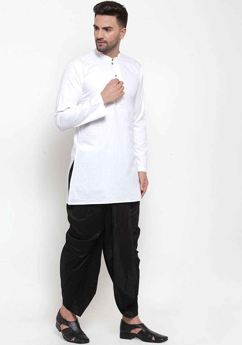 White Embroidery Sequins Work Cotton Blend Kurta Set For Men - Indya
