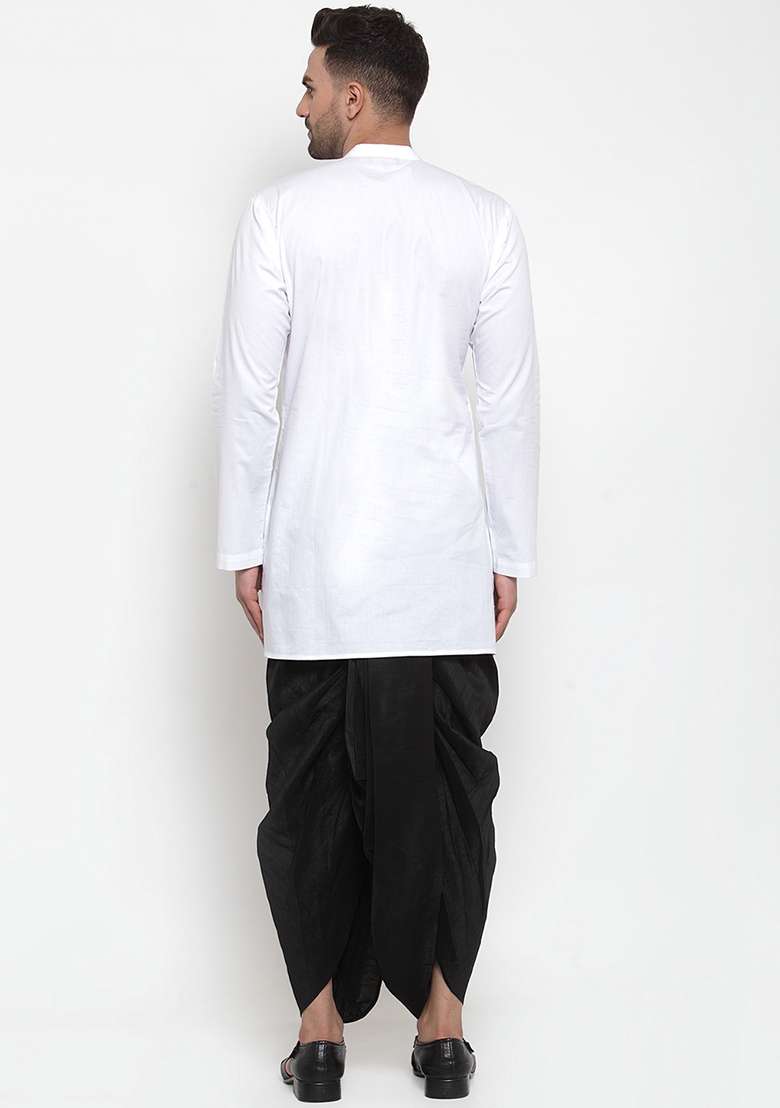 White Embroidery Sequins Work Cotton Blend Kurta Set For Men - Indya