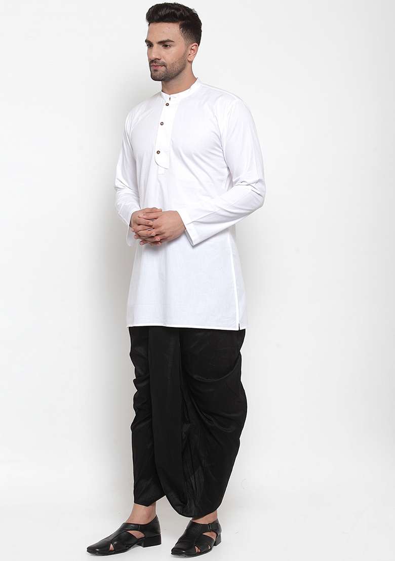 White Embroidery Sequins Work Cotton Blend Kurta Set For Men - Indya