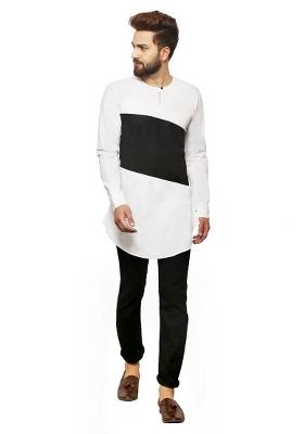 White Embroidery Sequins Work Cotton Blend Kurta Set For Men