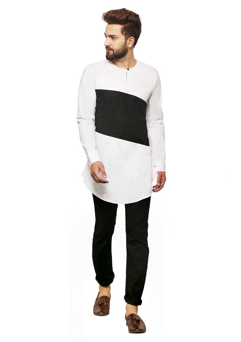 White Embroidery Sequins Work Cotton Blend Kurta Set For Men - Indya