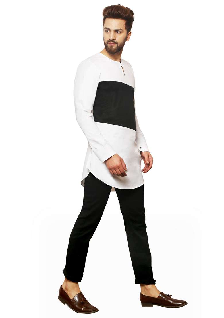 White Embroidery Sequins Work Cotton Blend Kurta Set For Men - Indya