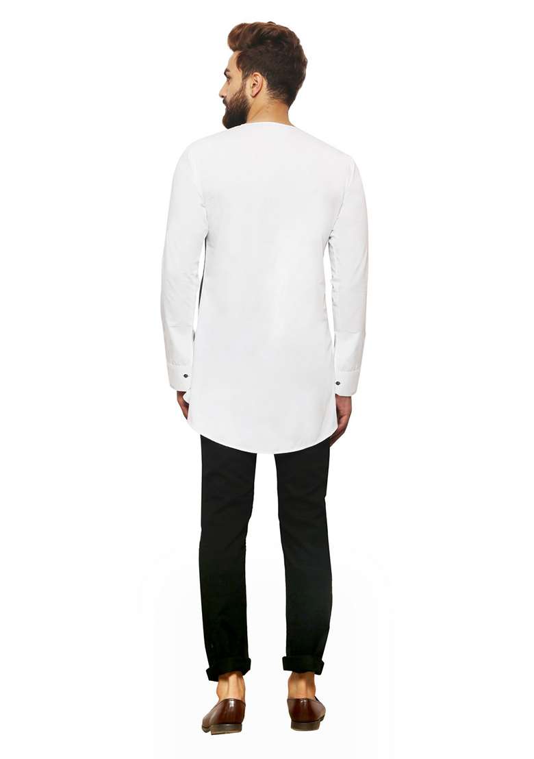 White Embroidery Sequins Work Cotton Blend Kurta Set For Men - Indya